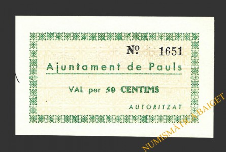 PAULS DELS PORTS (Tarragona), 50 centims 21 de juny del 1937