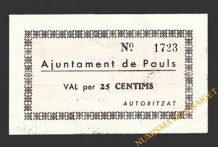 PAULS DELS PORTS (Tarragona), 25 centims 21 de juny del 1937