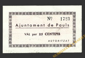 PAULS DELS PORTS (Tarragona), 25 centims 21 de juny del 1937