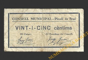 PINELL DE BRAI (Tarragona), 25  centims 1937