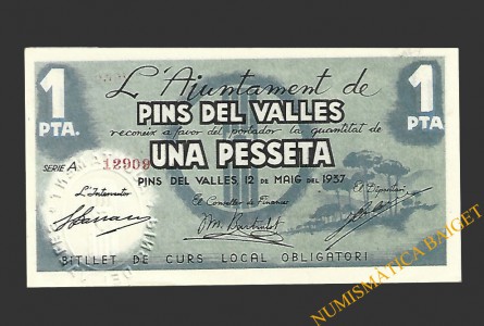 PINS DEL VALLES (Barcelona), 1 pesseta  12 de maig del 1937