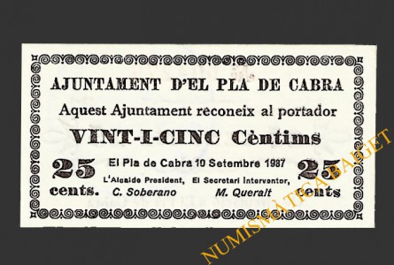 PLA DE CABRA (Tarragona)), 25 centims 10 de setembre del 1937