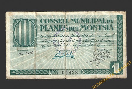 PLANES DEL MONTSIA (Tarragona), 1 pesseta. 17 de gener del 1937