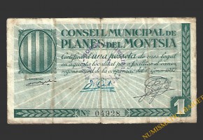 PLANES DEL MONTSIA (Tarragona), 1 pesseta. 17 de gener del 1937