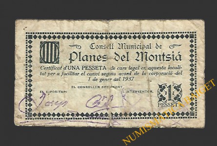 PLANES DEL MONTSIA (Tarragona), 1 pesseta. 1 de gener del 1937