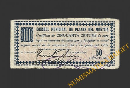 PLANES DEL MONTSIA (Tarragona), 50 centims. 1 de gener del 1937