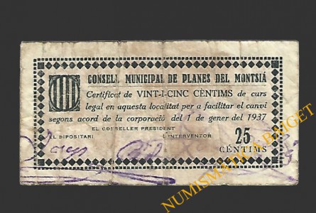 PLANES DEL MONTSIA (Tarragona), 25 centims. 1 de gener del 1937