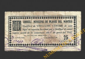 PLANES DEL MONTSIA (Tarragona), 25 centims. 1 de gener del 1937