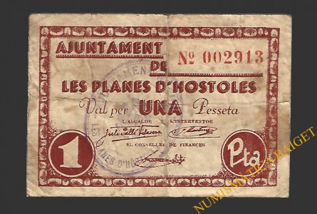 PLANES D'HOSTOLES, LES (Girona). 1 pesseta. 1937