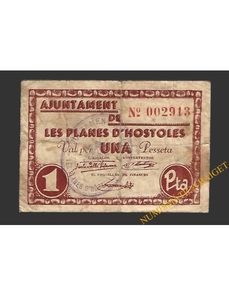 PLANES D'HOSTOLES, LES (Girona). 1 pesseta. 1937