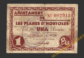 PLANES D'HOSTOLES, LES (Girona). 1 pesseta. 1937