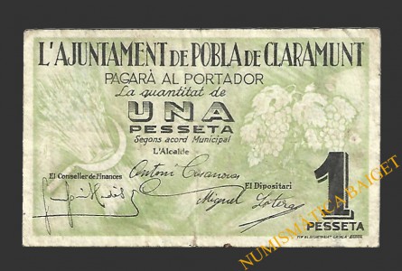 POBLA DE CLARAMUNT, LA  (Barcelona). 1 pesseta. 1937