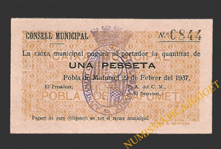 POBLA DE MAFUMET, LA  (Tarragona). 1 pesseta. 22 de febrer del 1937