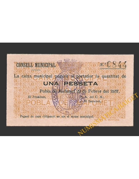 POBLA DE MAFUMET, LA  (Tarragona). 1 pesseta. 22 de febrer del 1937