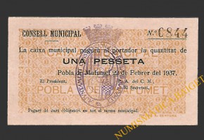 POBLA DE MAFUMET, LA  (Tarragona). 1 pesseta. 22 de febrer del 1937