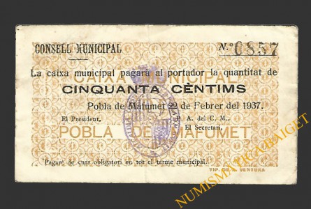 POBLA DE MAFUMET, LA  (Tarragona). 50 centims. 22 de febrer del 1937