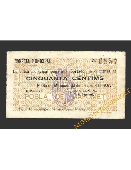 POBLA DE MAFUMET, LA  (Tarragona). 50 centims. 22 de febrer del 1937