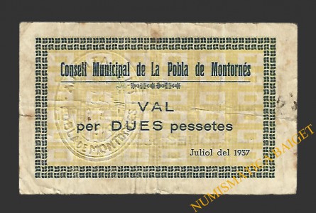 POBLA DE MONTORNES, LA  (Tarragona). 2 pessetes. juliol del 1937