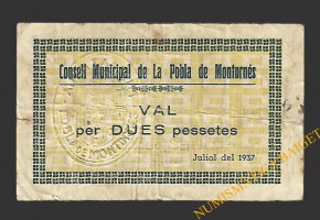 POBLA DE MONTORNES, LA  (Tarragona). 2 pessetes. juliol del 1937
