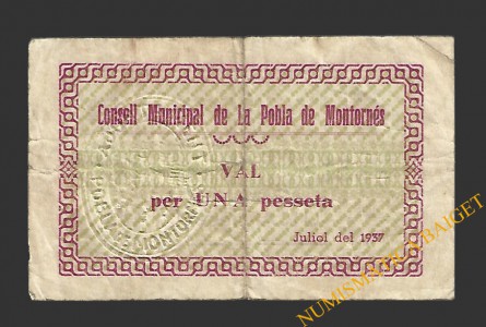 POBLA DE MONTORNES, LA  (Tarragona). 1 pesseta. juliol del 1937