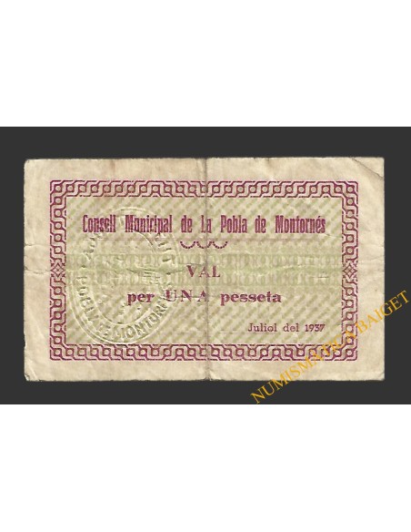 POBLA DE MONTORNES, LA  (Tarragona). 1 pesseta. juliol del 1937