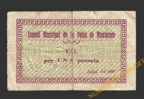 POBLA DE MONTORNES, LA  (Tarragona). 1 pesseta. juliol del 1937