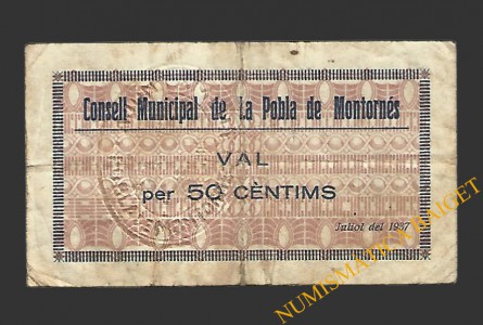 POBLA DE MONTORNES, LA  (Tarragona). 50 centims. juliol del 1937