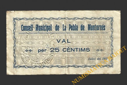 POBLA DE MONTORNES, LA  (Tarragona). 25 centims. juliol del 1937