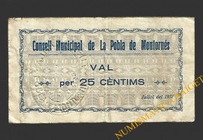 POBLA DE MONTORNES, LA  (Tarragona). 25 centims. juliol del 1937