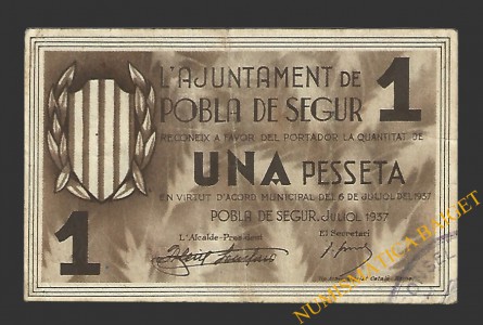 POBLA DE SEGUR, LA  (Lleida). 1 pesseta. 6 de juliol del 1937