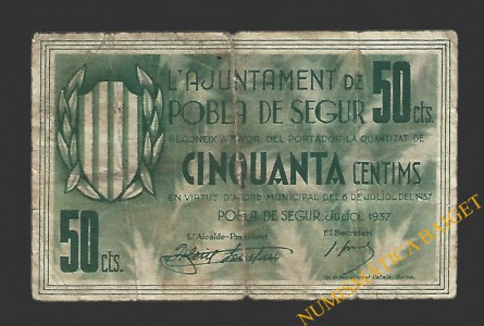 POBLA DE SEGUR, LA  (Lleida). 50 centims. 6 de juliol del 1937