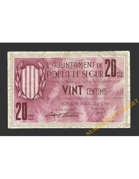 POBLA DE SEGUR, LA  (Lleida). 20 centims. 6 de juliol del 1937