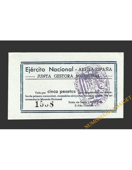 POBLA DE SEGUR, LA  (Lleida). 5 pesetas. 7 de abril de 1938