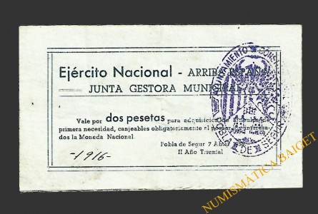 POBLA DE SEGUR, LA  (Lleida). 2 pesetas. 7 de abril de 1938