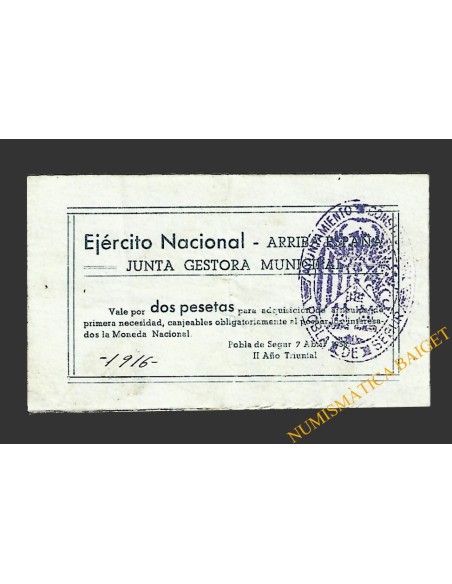 POBLA DE SEGUR, LA  (Lleida). 2 pesetas. 7 de abril de 1938