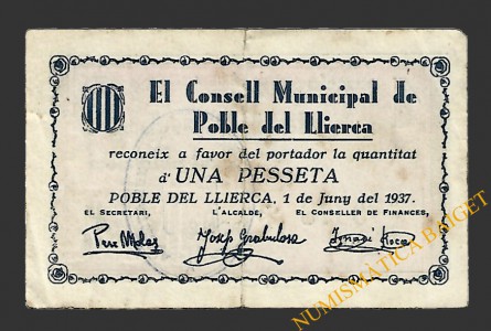 POBLE DE LLIERCA  (Girona). 1 pesseta. 1 de junyl del 1937