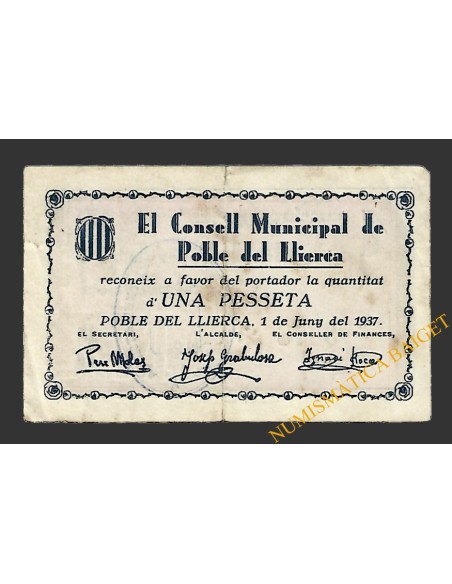 POBLE DE LLIERCA  (Girona). 1 pesseta. 1 de junyl del 1937