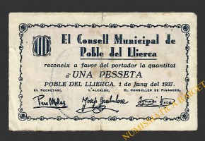 POBLE DE LLIERCA  (Girona). 1 pesseta. 1 de junyl del 1937