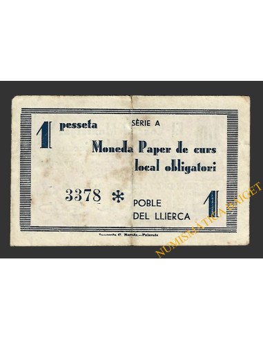 POBLE DE LLIERCA  (Girona). 1 pesseta. 1 de junyl del 1937