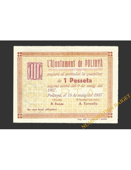 POLINYA  (Barcelona).1 pesseta. 18 de maig del 1937