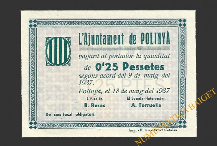 POLINYA  (Barcelona).0'25 pessetes. 18 de maig del 1937
