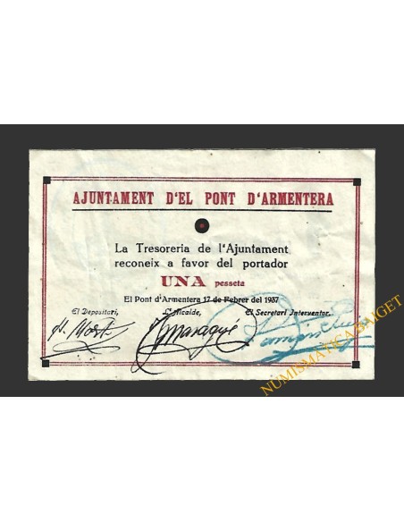 PONT D'ARMENTERA, EL  (Tarragona).1 pesseta. 17 de Febrero del 1937