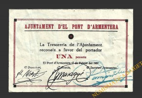 PONT D'ARMENTERA, EL  (Tarragona).1 pesseta. 17 de Febrero del 1937