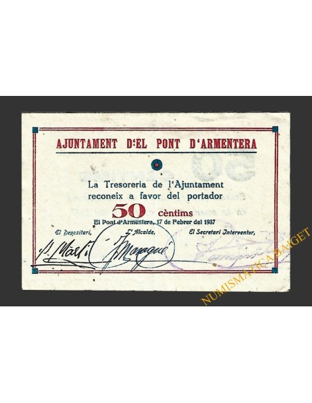 PONT D'ARMENTERA, EL  (Tarragona).50 centims. 17 de Febrero del 1937