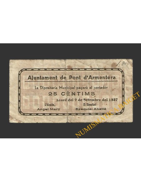 PONT D'ARMENTERA, EL  (Tarragona).25 centims. 17 de setembre del 1937