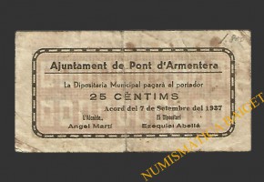 PONT D'ARMENTERA, EL  (Tarragona).25 centims. 17 de setembre del 1937