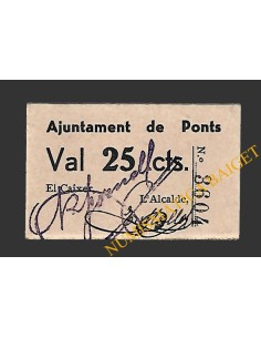 PONTS (Lleida). 25 centims. 1937 (color rosa palido)