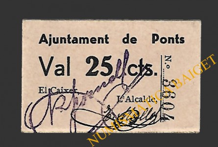 PONTS (Lleida). 25 centims. 1937 (color rosa palido)