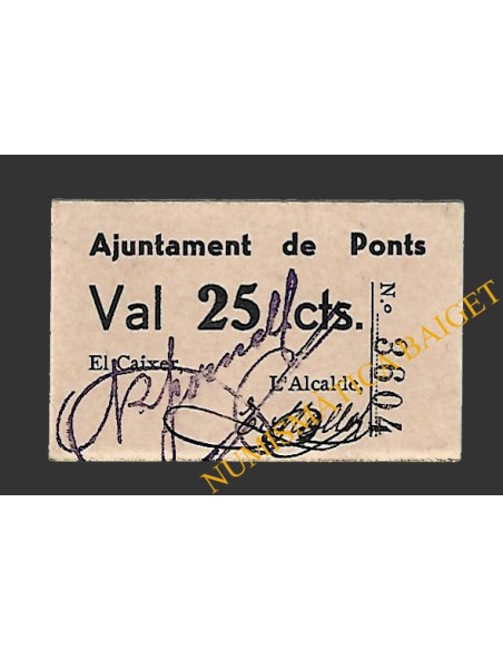 PONTS (Lleida). 25 centims. 1937 (color rosa palido)