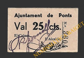 PONTS (Lleida). 25 centims. 1937 (color rosa palido)